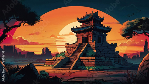 Temple ruins in an ancient asia citys Illustration photo