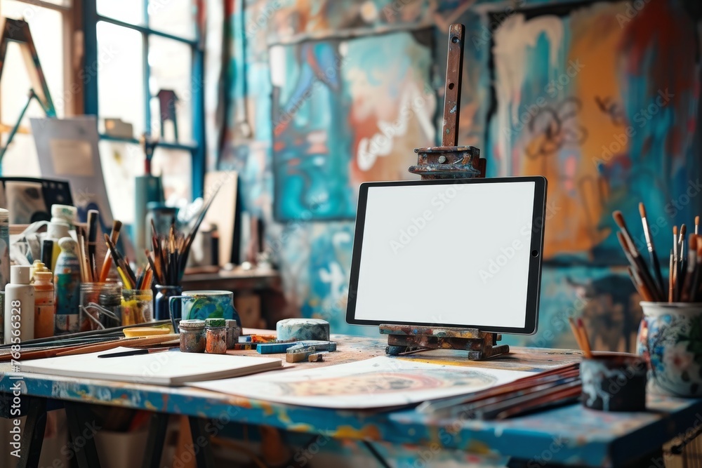 Naklejka premium Artist or painters workplace with colorful markers