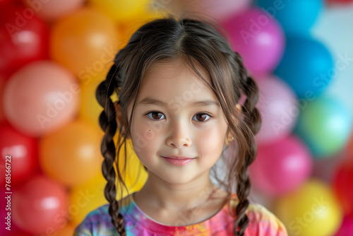 A young girl with her hair in pigtails is smiling at the camera. She is wearing a colorful shirt and is surrounded by a bunch of balloons. The balloons are in various colors, including red, yellow