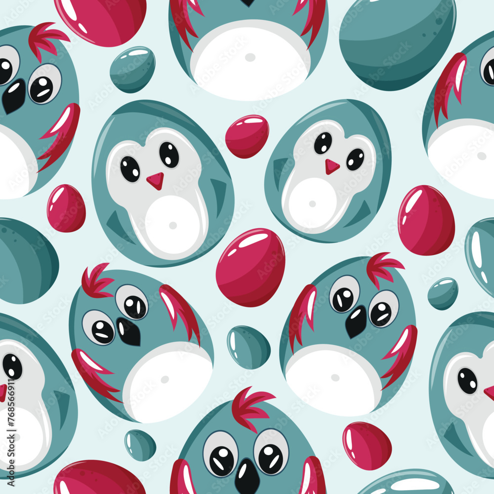 Fototapeta premium Easter seamless pattern with decorated eggs with blue penguins, parrot and blue eggs, for holiday posters, textiles or packaging 