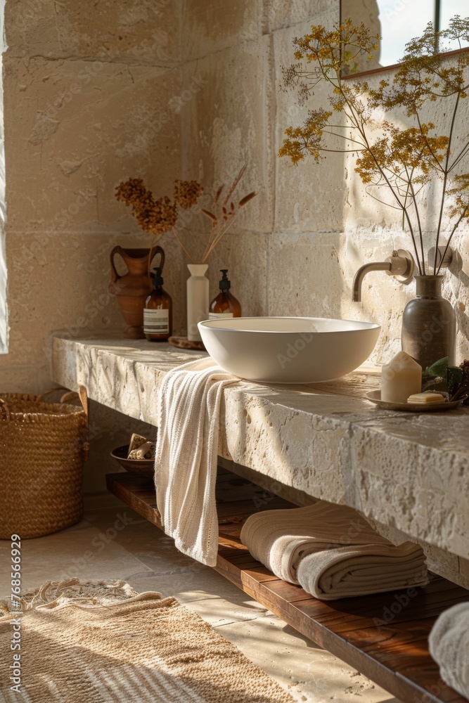 Interior of boho bathroom with plant Interior of boho bathroom with plant