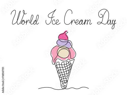 world ice cream day. abstract ice cream in a cone,continuous single line art hand drawing sketch
