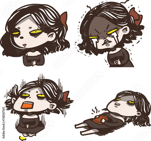 Drama queen black lady. She is having her monthly period. Angry girl character vector design set. Hand drawn in various poses. 