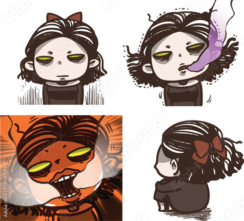 Drama queen black lady. She is having her monthly period. Angry girl character vector design set. Hand drawn in various poses. 
