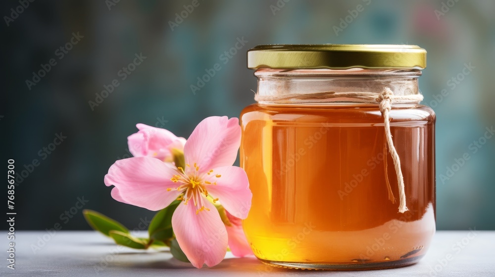 Organic honey jar with flowers on clean background, ideal for natural product promotion Organic honey jar with flowers on clean background, ideal for natural product promotion