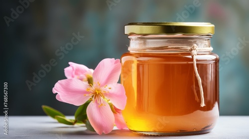Organic honey jar with flowers on clean background, ideal for natural product promotion