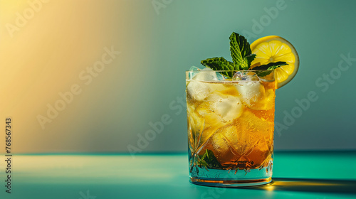 A traditional mint julep drink adorned with a sprig of mint and a slice of lemon, isolated on a gradient background 