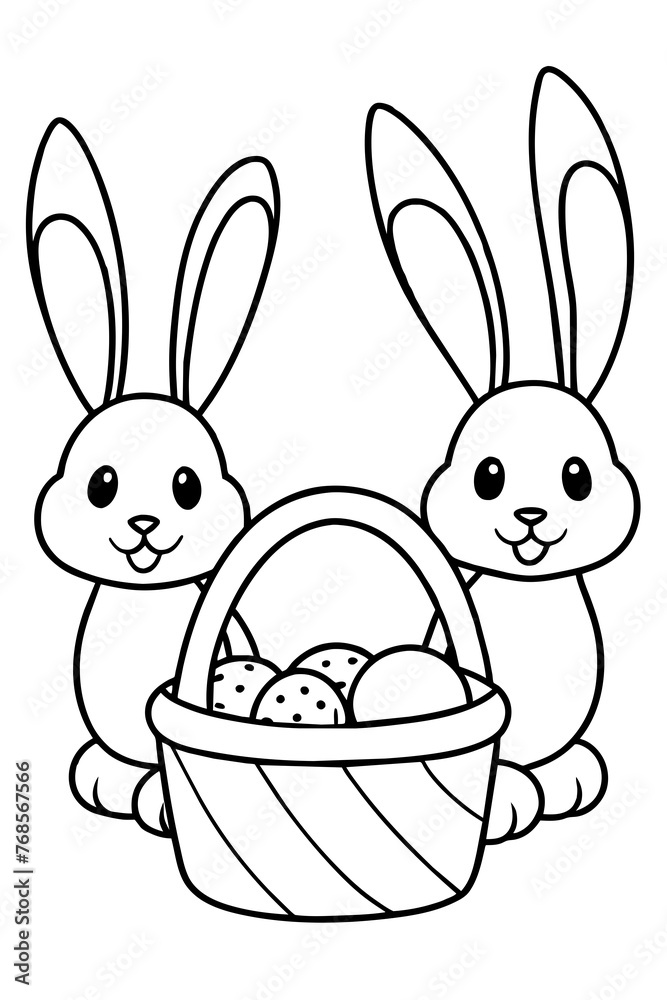 Adorable bunnies in various poses: hopping, sitting, or peeking out from behind Easter baskets. Adorable bunnies in various poses: hopping, sitting, or peeking out from behind Easter baskets.
