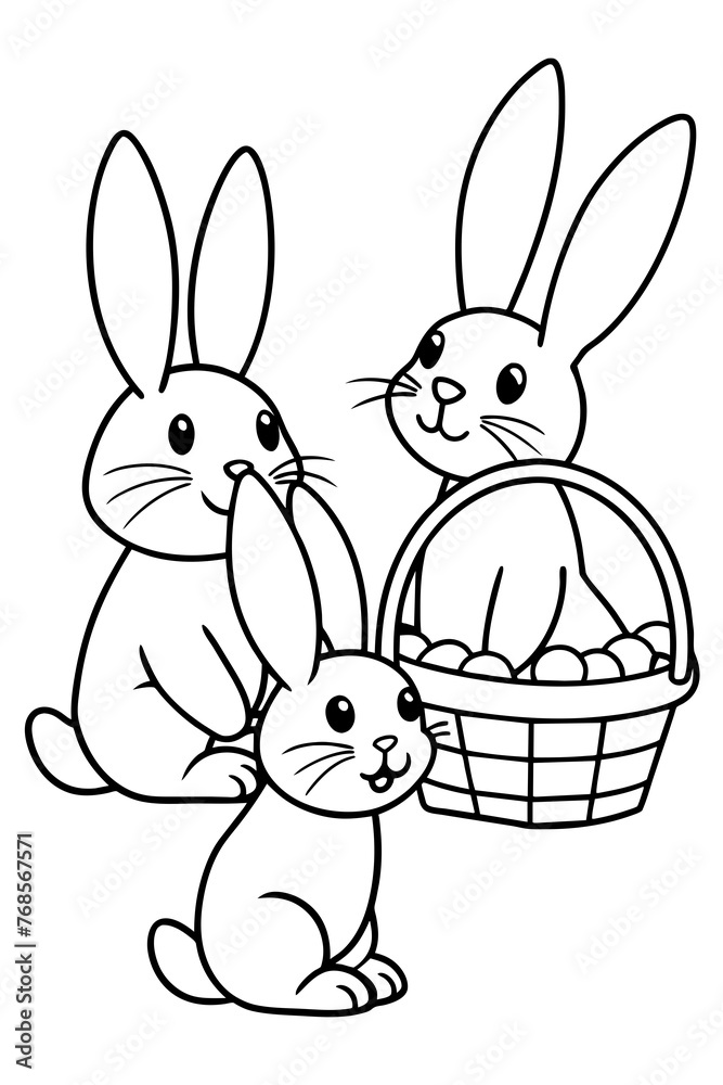 Adorable bunnies in various poses: hopping, sitting, or peeking out from behind Easter baskets. Adorable bunnies in various poses: hopping, sitting, or peeking out from behind Easter baskets.