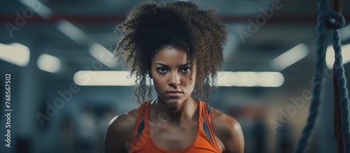 A young African American woman with afro hair is seen in a gym wearing an orange tank top. She appears skeptical and upset while training with battle ropes, displaying a frowning expression. photo