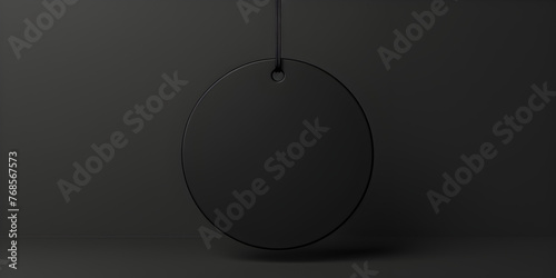 High angle view of black plastic circular wireless charger laying on dark gray desk. Modern technology, wireless device and transfer of energy concept. photo