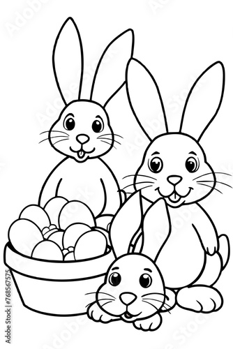 Adorable bunnies in various poses: hopping, sitting, or peeking out from behind Easter baskets.