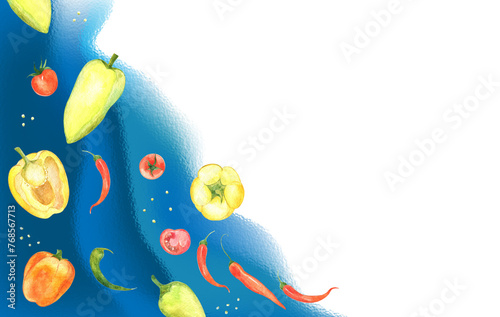 A banner with a watercolor image of peppers and tomatoes on a blue and white background.