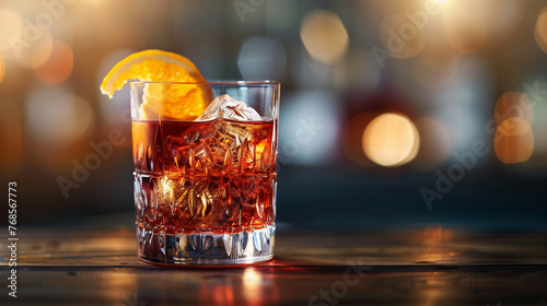 An elegant glass of Negroni cocktail garnished with an orange slice, positioned on a sleek wooden surface, set against a softly lit background with plenty of empty space for text  photo