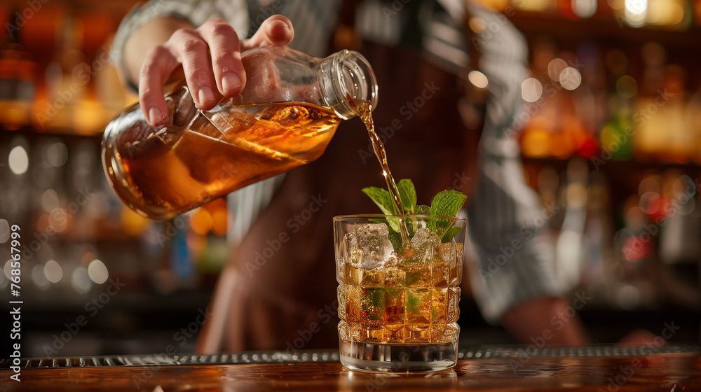 Bartender pouring bourbon into a glass for a mint julep cocktail  - obrazy, fototapety, plakaty 