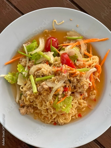 Glass Noodle, Spicy Salad (Yum Woon Sen). Cuisine Thailand style on top view.