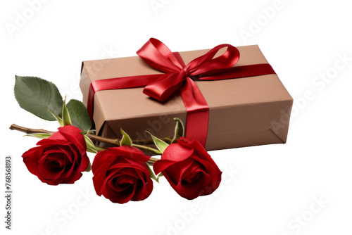 Pink rose with gift box on white background