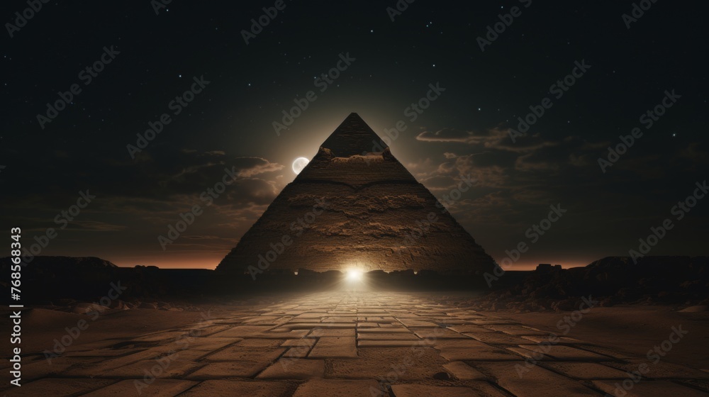 Majestic pyramid on mountain peak illuminated by moonlight, creating a mesmerizing sight - obrazy, fototapety, plakaty 
