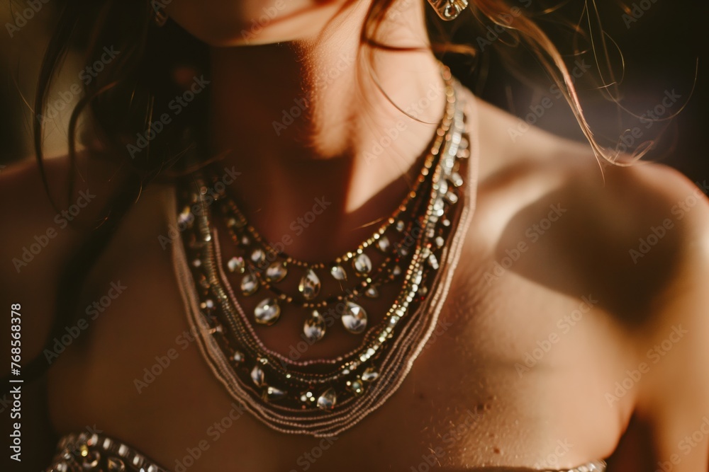 closeup of layered necklaces on a glowing bride