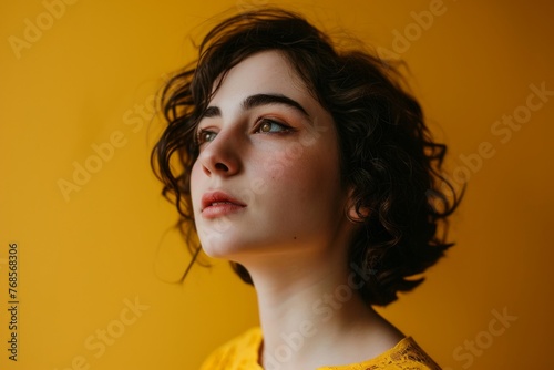 Portrait of a beautiful girl with curly hair on a yellow background