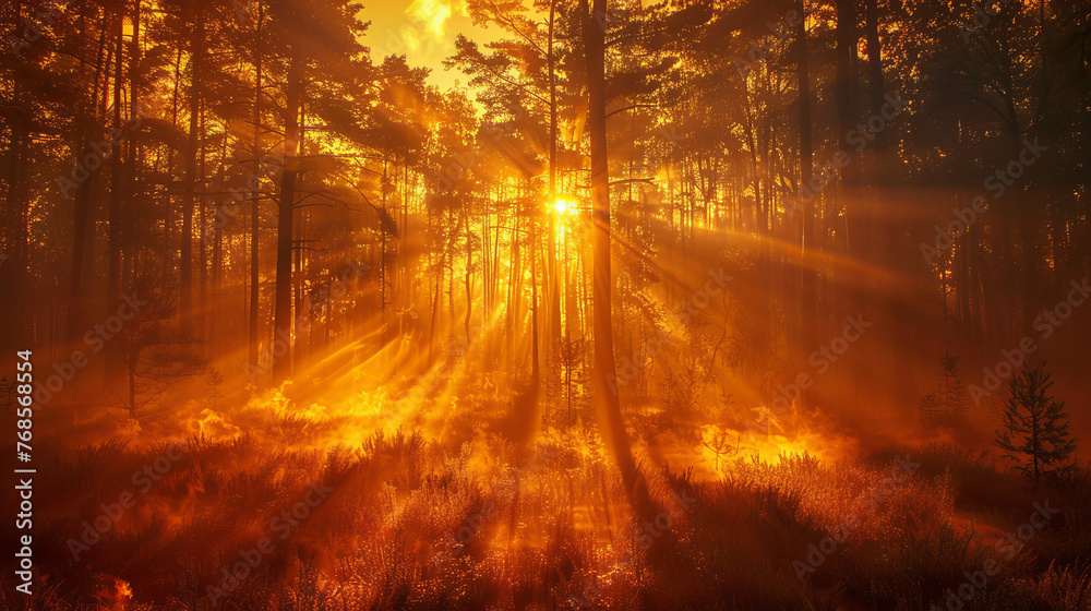 The early morning sun breaks through smoke, casting a mystical orange light in a fir tree forest