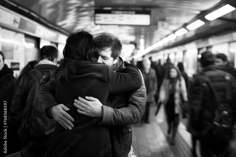 couple hugging tightly on busy platform