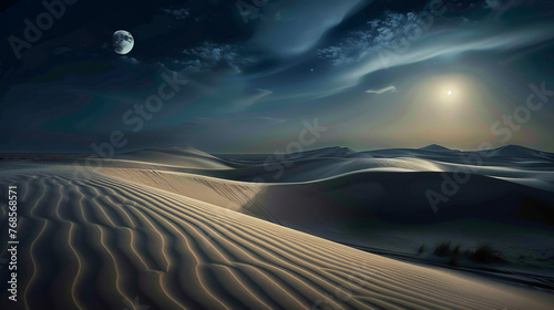 Dramatic play of light and shadows on desert dunes, under a beautiful moonlit starry night sky