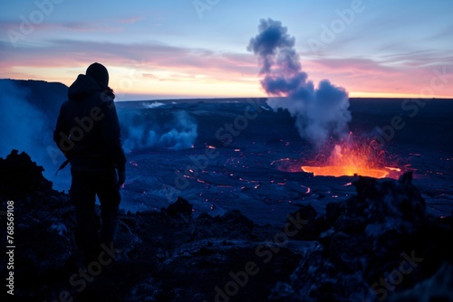 person silhouetted against lavafilled crater at dusk