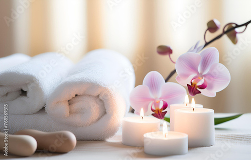 Towels and candles on massage table in spa salon. Place for rela
