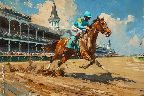 Jockey in turquoise silks atop a chestnut thoroughbred thundering down the track under the sunlit twin spires of Churchill Downs  photo