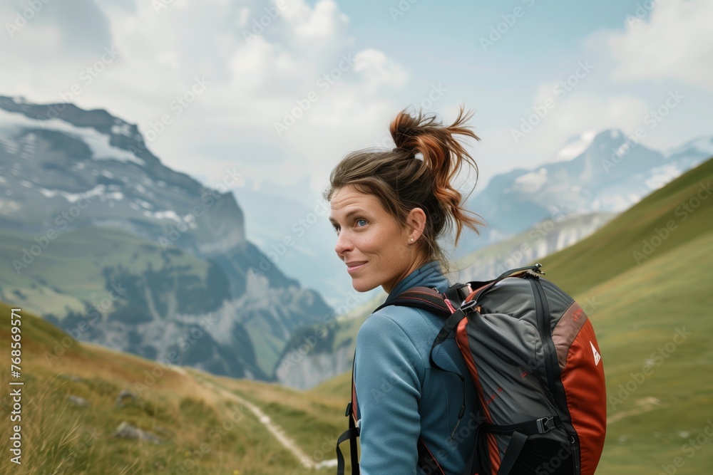 woman with a backpack hiking in the swiss alps