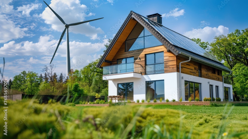 Self-sufficient Ecological Country House And Wind Turbine. Green Ecology. Generative AI