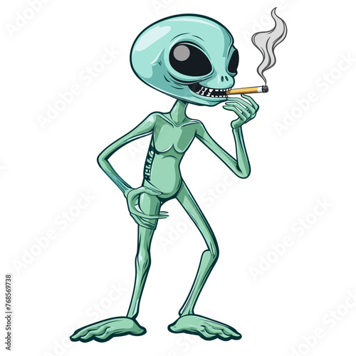 A green alien with a large head enjoys a smoke, its skinny limbs relaxed