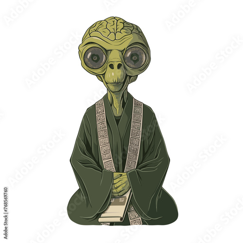 An alien-like cartoon with a massive brain, big eyes