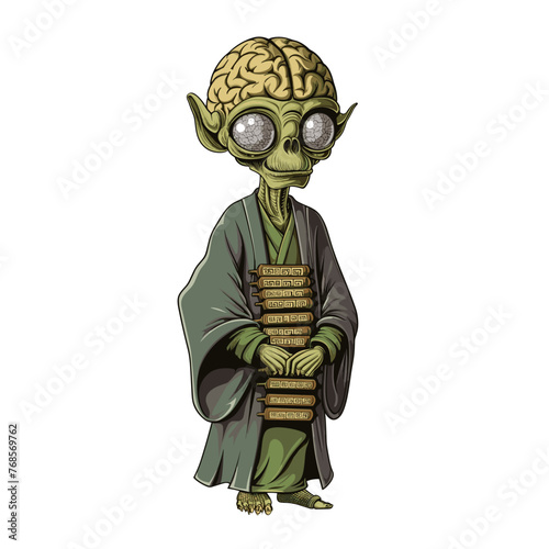 An alien-like cartoon with a massive brain, big eyes