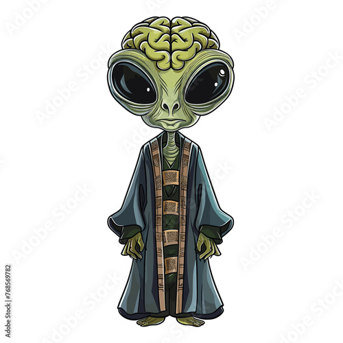An alien-like cartoon with a massive brain, big eyes