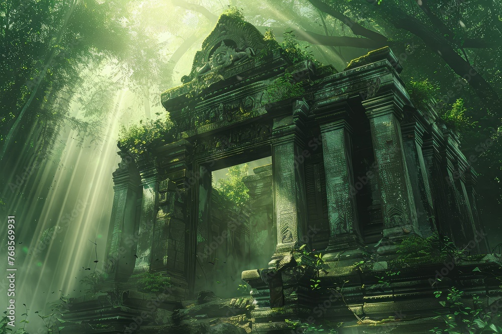 Hidden Jungle Temple Ruins, Ancient Architecture, Light Shafts, Historical Fantasy Theme, Digital Artwork