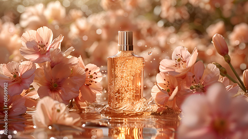 A sparkling perfume bottle nestled among delicate warm-toned flowers, with water droplets accentuating its luxury essence
