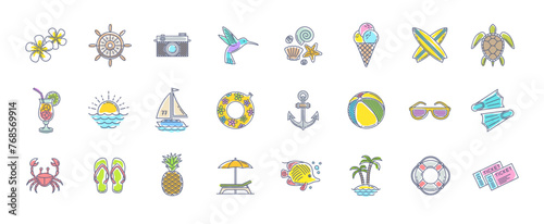 Summer holidays, travel and vacation icon set. Outline drawing vector objects, items, signs and symbols.