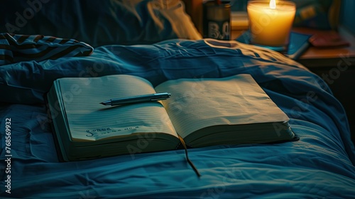 An image of a sleep journal and a pen on a nightstand highlighting the practice of reflecting or planning to ease the mind before sleep photo