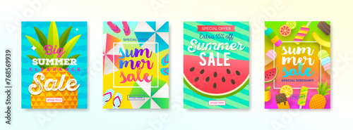 Set of summer sale promotion banner. Summer holidays and travel colorful bright background. Vacation poster  design. Vector illustration.