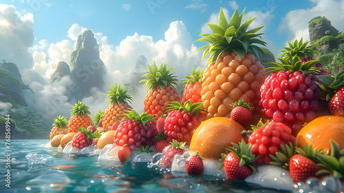 A whimsical digital artwork of vibrant fruit islands, including pineapples and berries, afloat in a dreamy sky with fluffy clouds and towering mountains © kaitong1006