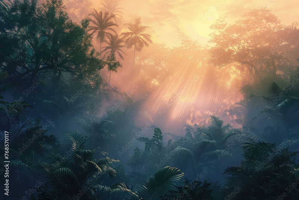 Misty Jungle at Dawn, Breaking Light, Awakening Wildlife, Tranquil Atmosphere, Digital Painting - obrazy, fototapety, plakaty 