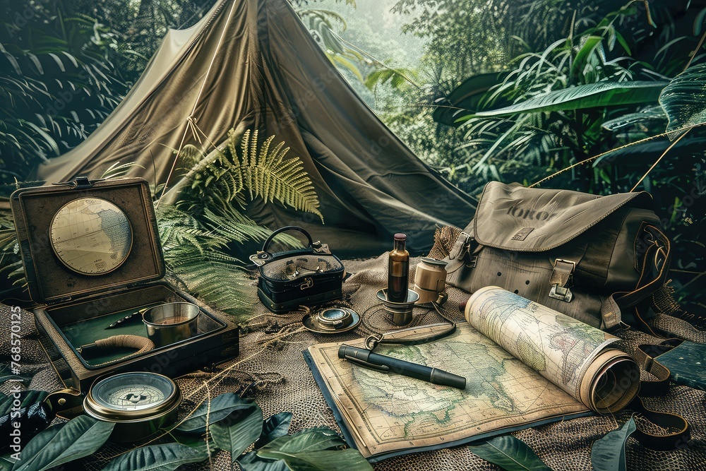 Jungle Explorer's Campsite, Vintage Equipment, Bygone Era Adventure, Antique Feel, Digital Illustration - obrazy, fototapety, plakaty 