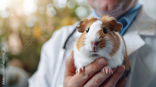 a male excotic pet vet holding a guinea pig bokeh style background