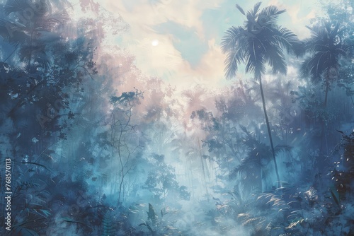 Misty Jungle at Dawn, Breaking Light, Awakening Wildlife, Tranquil Atmosphere, Digital Painting