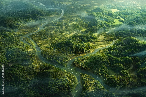 Rainforest Aerial View, Green and Brown Tapestry, Winding River, Epic Landscape, Digital Rendering © Pasiporn