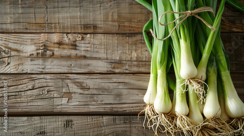 Wild leeks freshly harvested in a forest, displayed on a rustic wooden table, background with empty space for text  photo