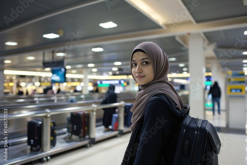 female traveler in hijab at luggage carousel