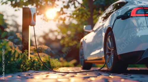 Portrait of an electric car recharging the battery with a cable on a nature background. generative AI photo